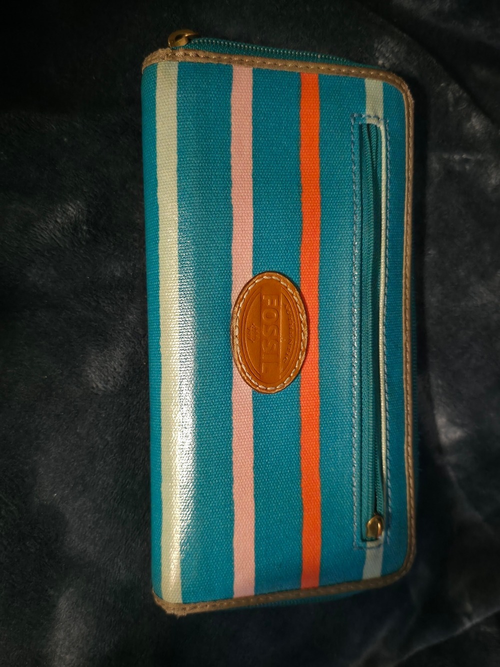 4/$67 Deal! Fossil Vintage Teal Wallet with Orange and Pink Stripes